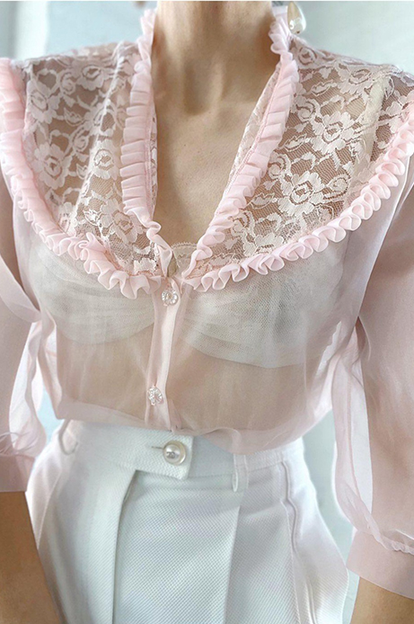 sheer 50s pink lace blouse - THRIFTWARES VINTAGE